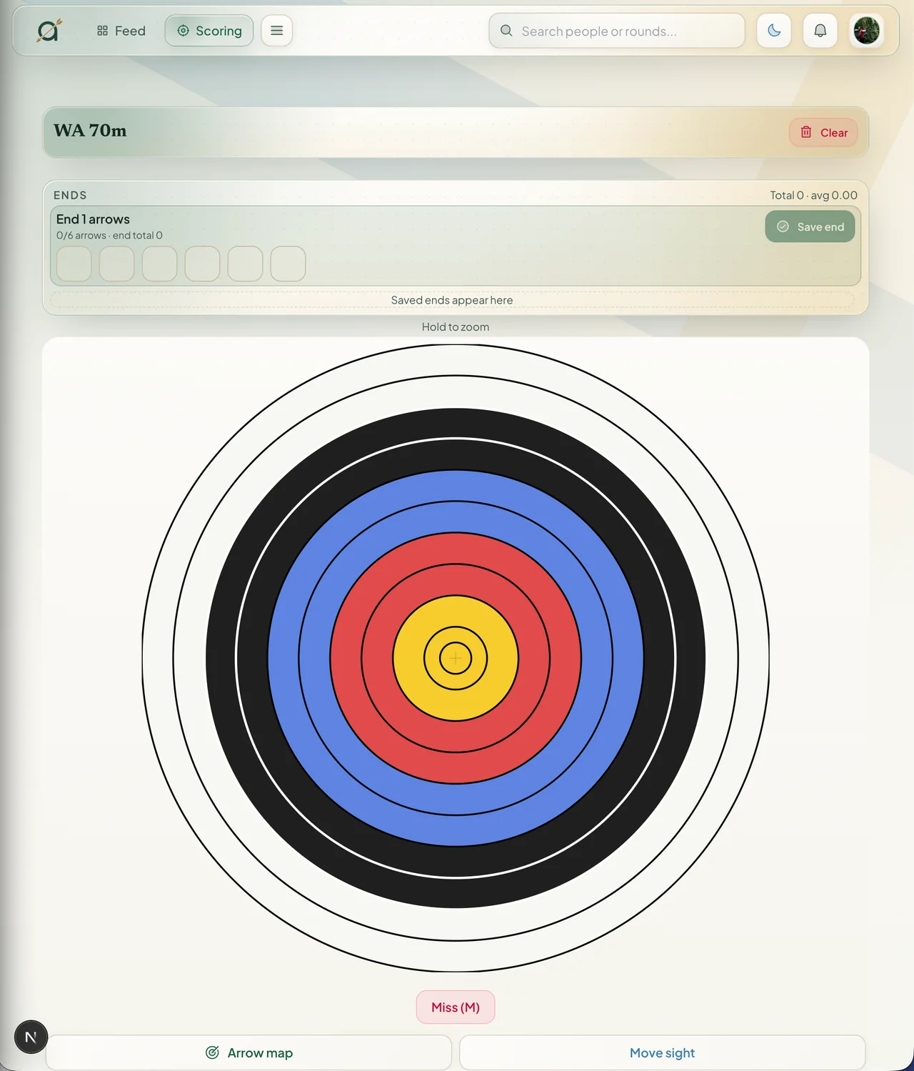archr active scoring screen with a target face for placing arrows