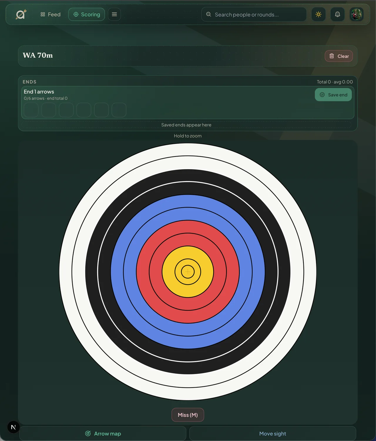 archr active scoring screen with a target face for placing arrows